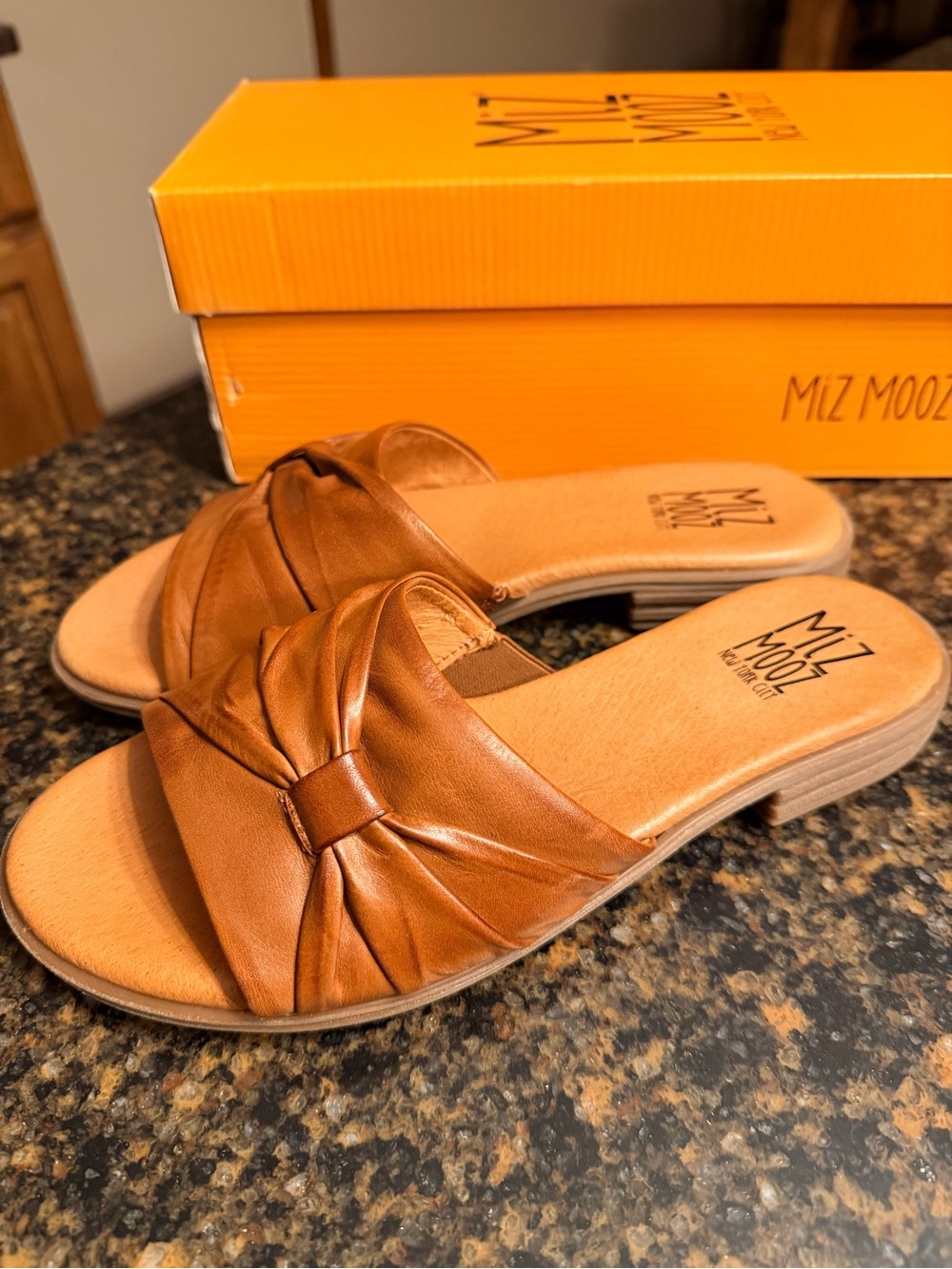 Miz Mooz Brown Leather Knotted Slide Mules